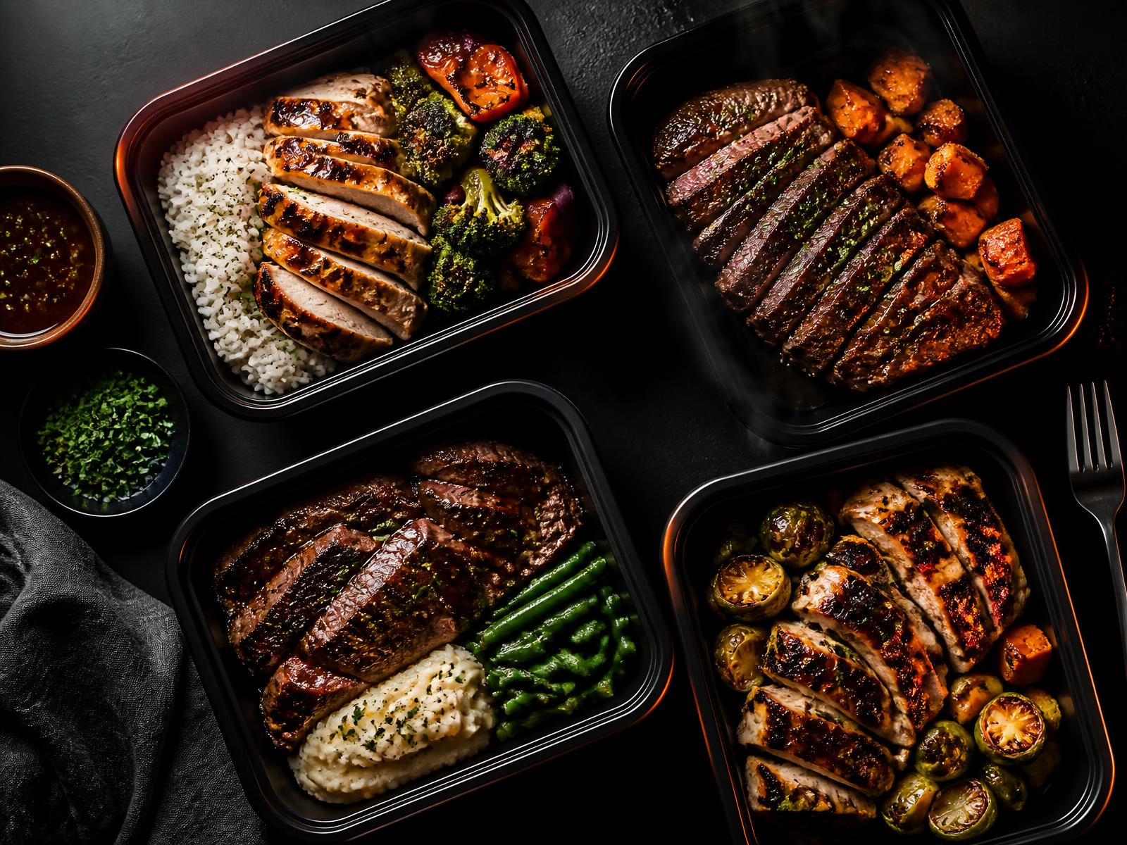 Meal prep containers with grilled chicken, steak, rice and roasted vegetables